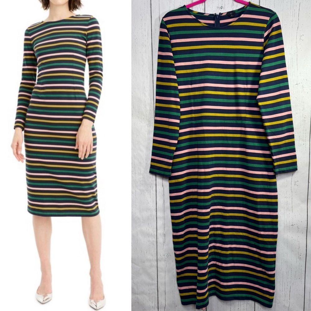 J Crew Multicolor Stripe Long Sleeve Knit Midi Dress 12 Classic Nautical Preppy